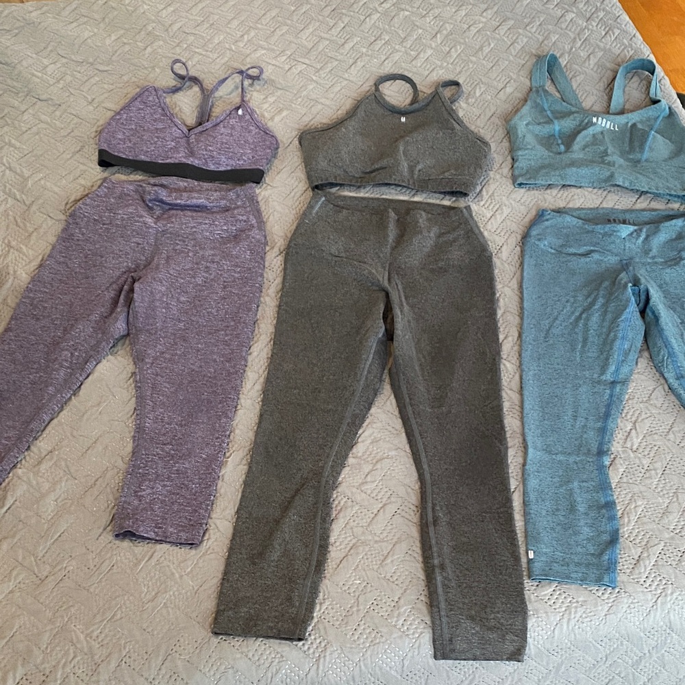 Bundle of NOBULL: 6 items- 3 small bras, 3 tights XS Purple, Gray, and Blue